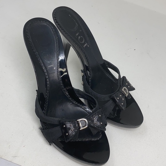 Dior Sz 37 Black Logo High Heel Sandals Bow Studs - Picture 1 of 16